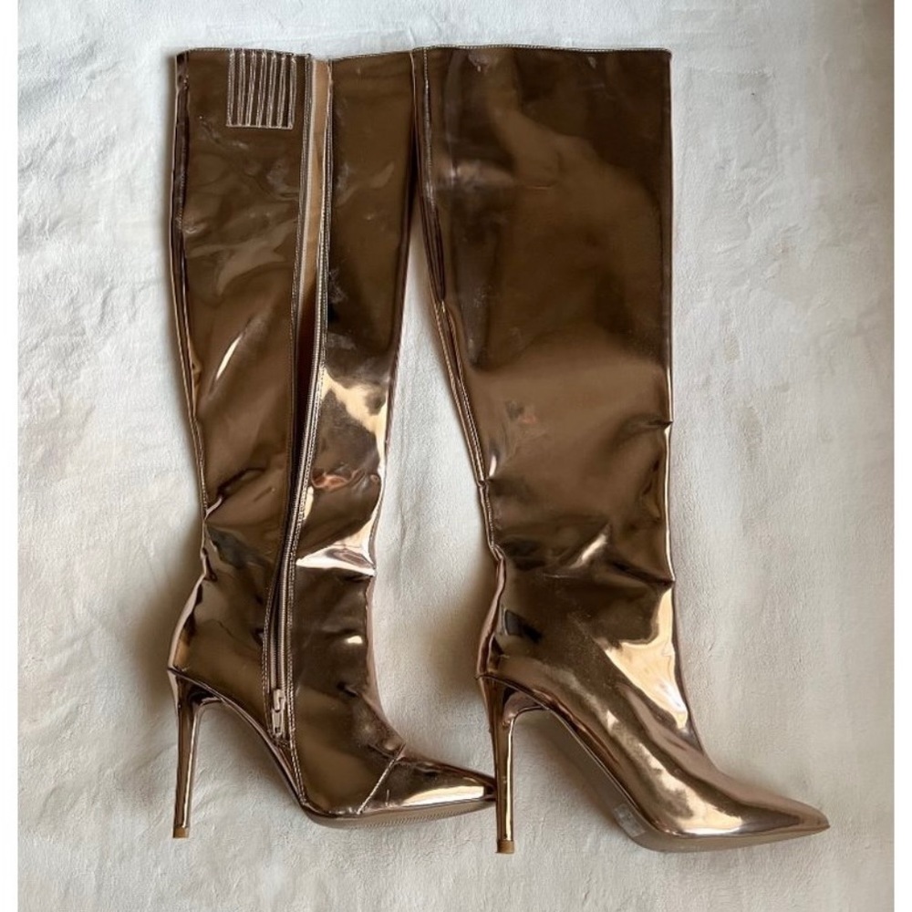Qupid Mirror Metallic Pointy Toe Stiletto Over-The-Knee Boots